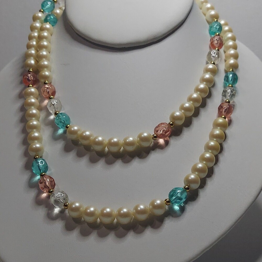Vintage Monet Necklace With turquoise pink clear beads 34"